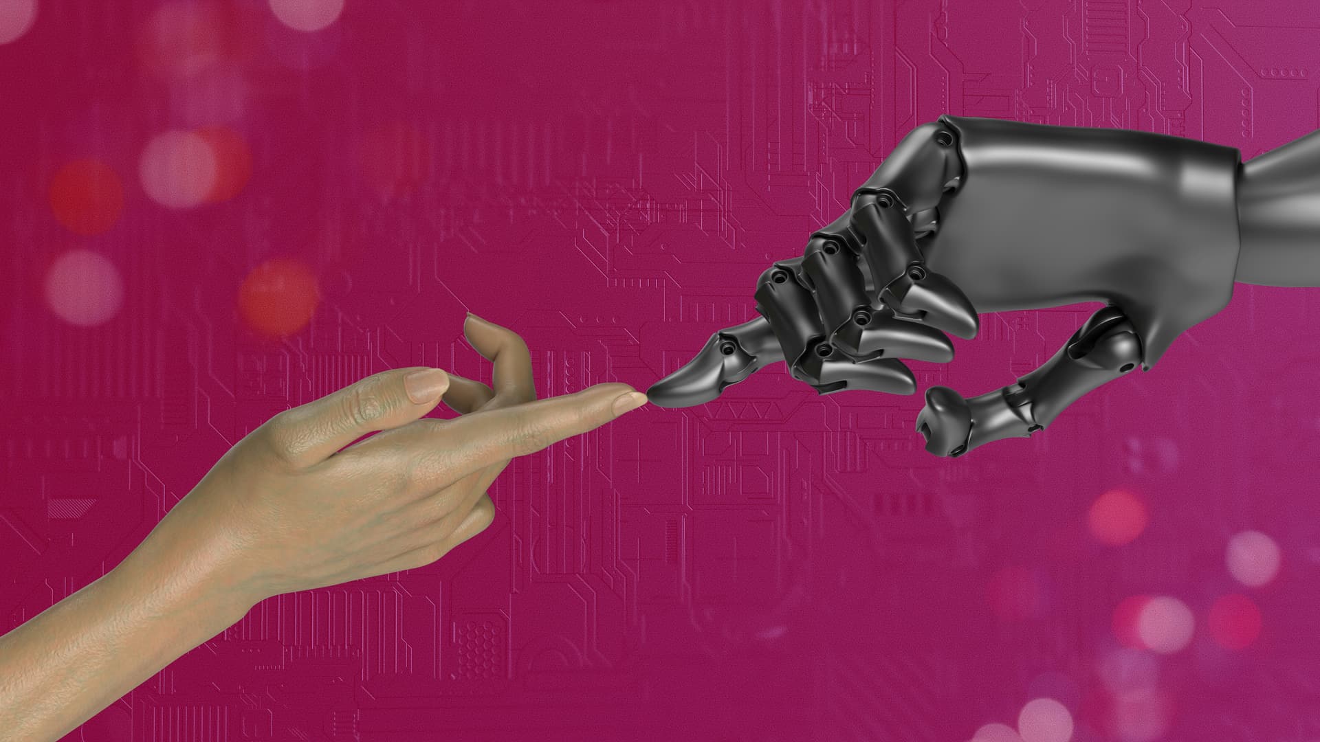 Human hand reaching toward a robot hand — the AI handshake everyone imagines, rarely what ships