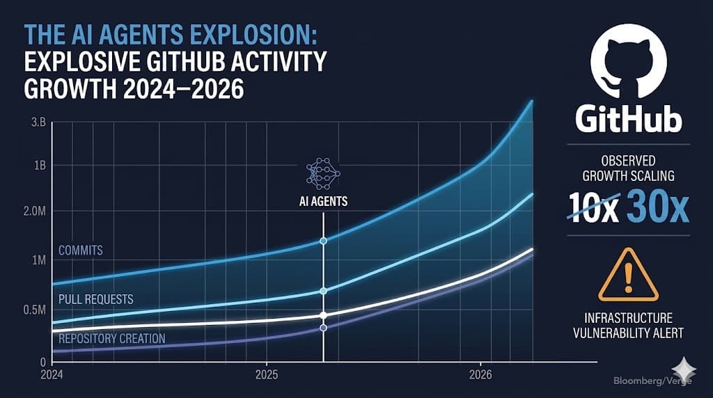 GitHub activity growth 2024 to 2026 with AI agent requests overtaking commits and PRs, 10x to 30x scaling alert flagged