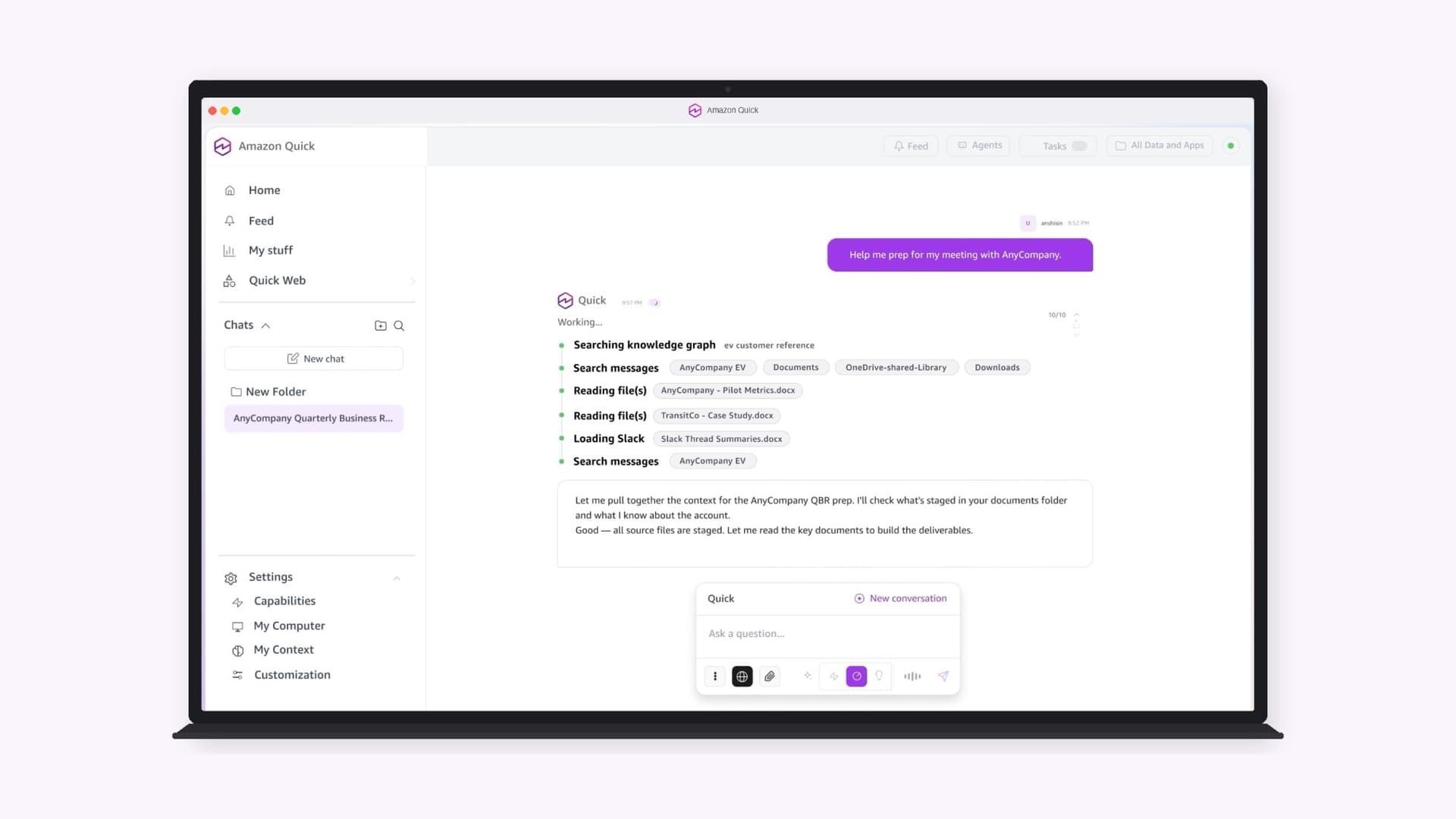 Amazon Quick desktop UI showing knowledge graph search across files, Slack threads, and CRM data to prep a client meeting