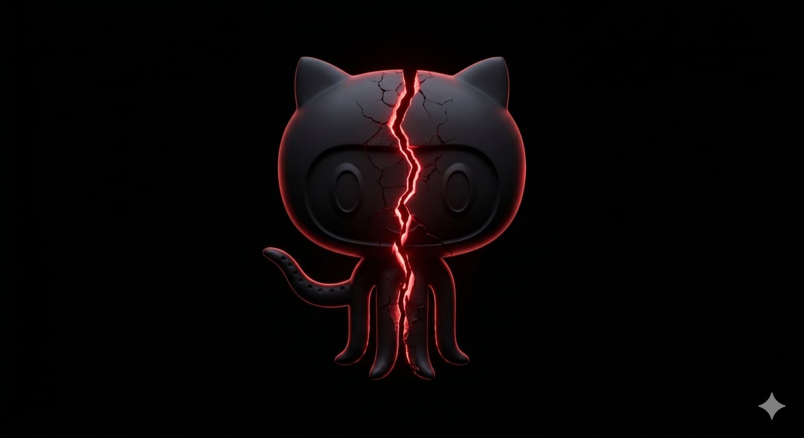 Cracked GitHub Octocat logo split by a glowing red fracture line on a black background, symbolizing the 2026 VS Code extension breach