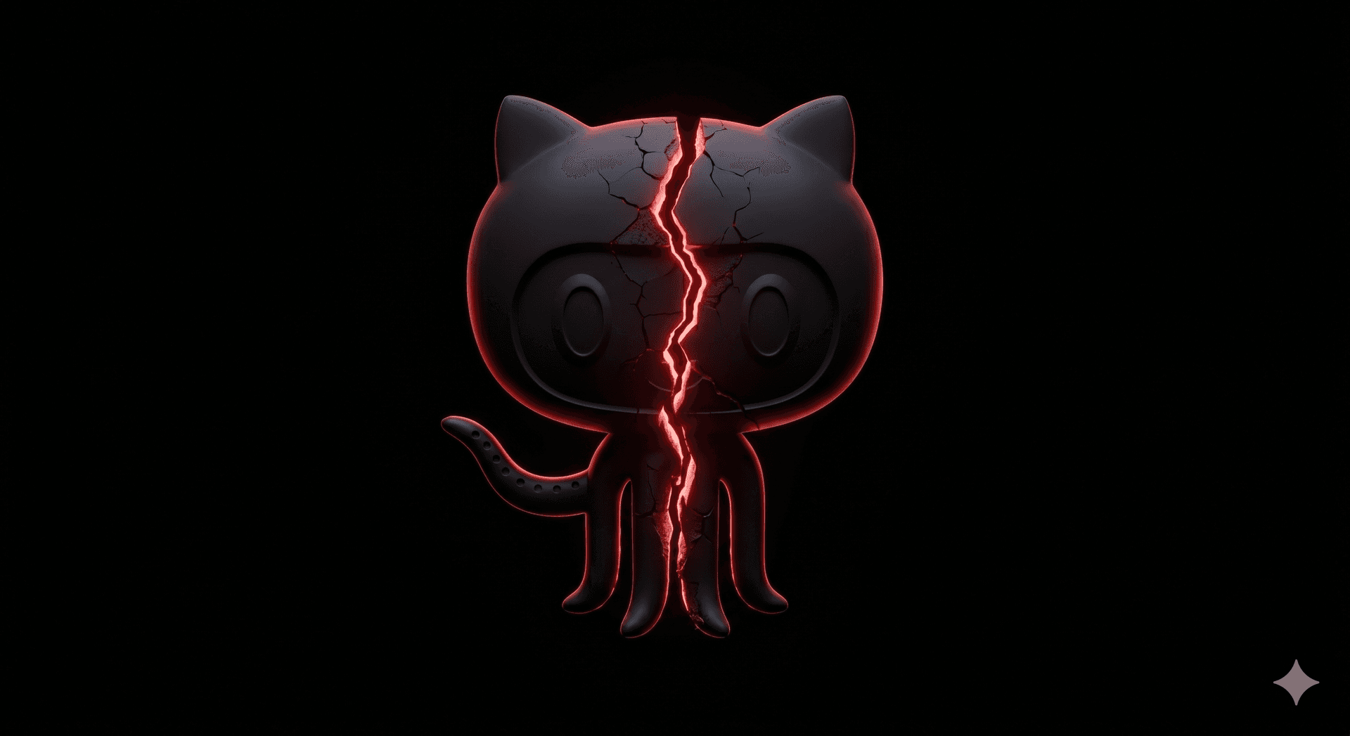 Cracked GitHub Octocat logo split by a glowing red fracture line on a black background, symbolizing the 2026 VS Code extension breach