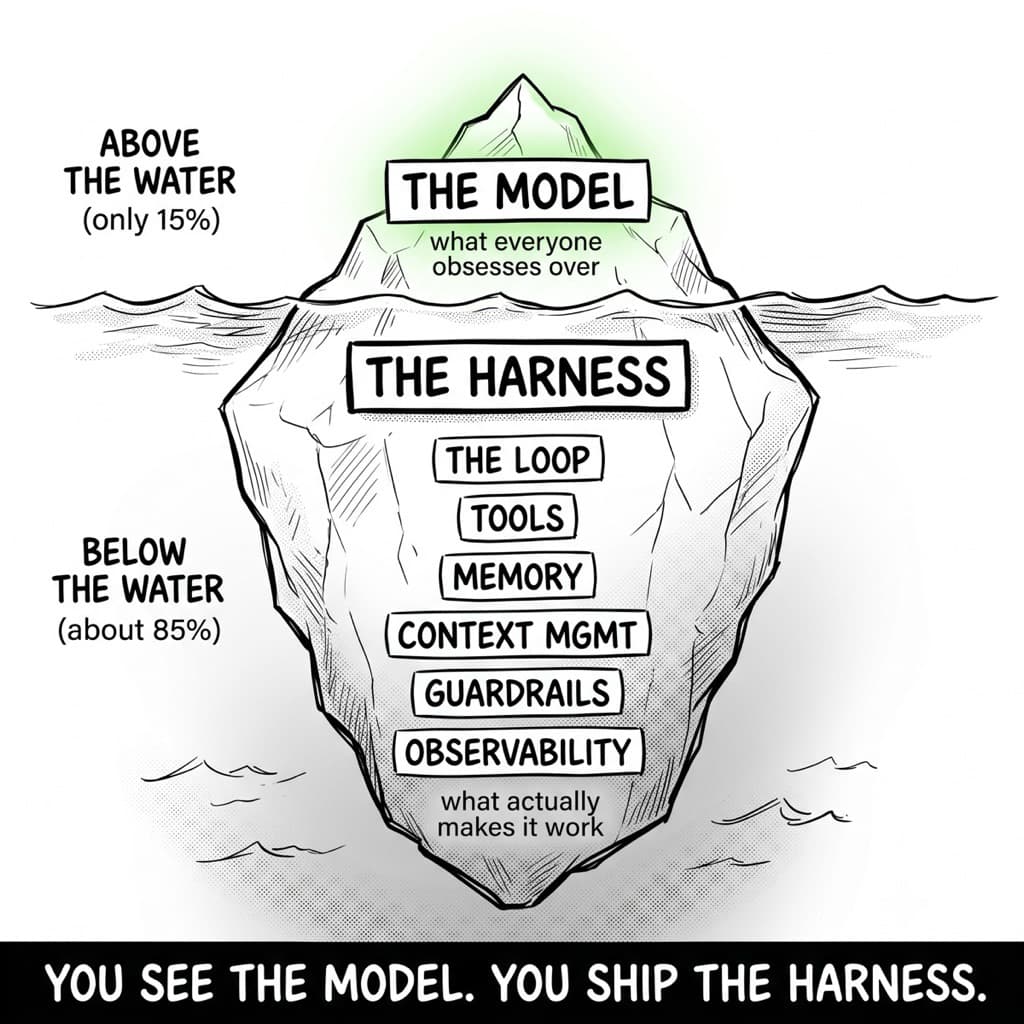Iceberg diagram showing the AI model as the small visible tip above water and the harness — loop, tools, memory, context management, guardrails, observability — as the much larger mass below the surface
